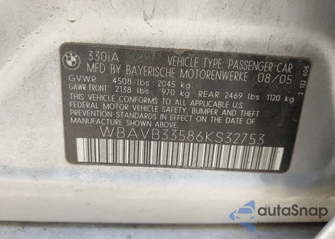 2006 BMW 330I from USA, damaged, VIN WBAVB33586KS32753